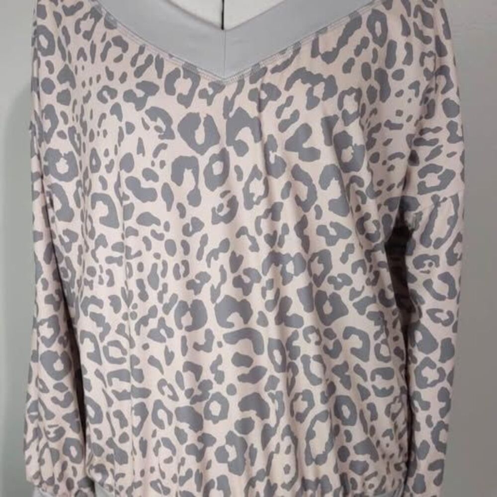 Small boutique blouse Pursuing perfection V-neck Pink & Gray Long Sleeve C4147